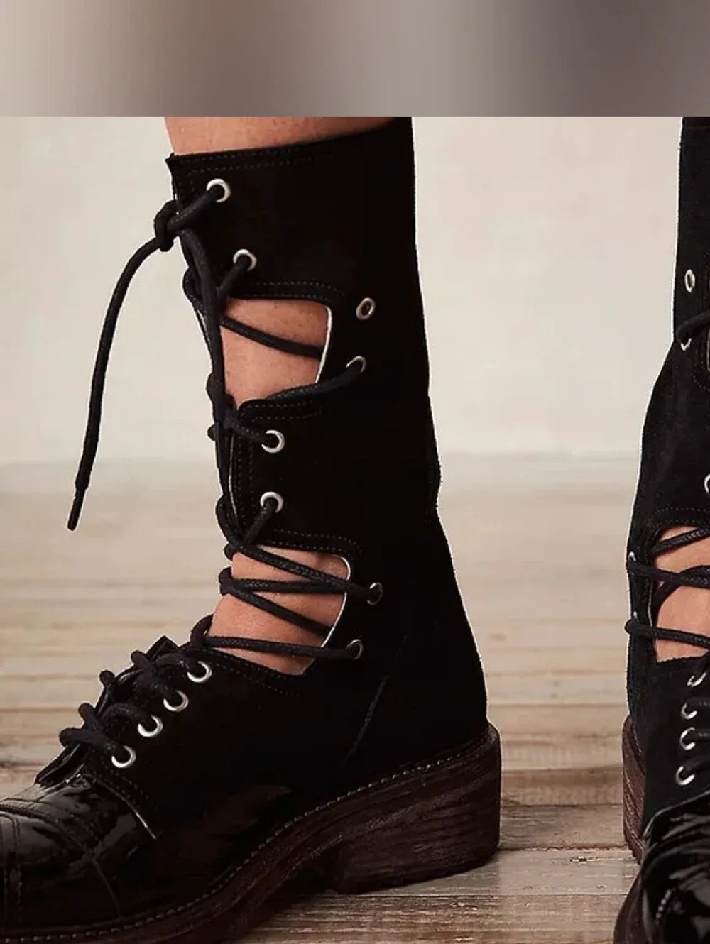 Free People Cut Away Lace Up Boots Suede Shiny Leather Boho Edgy Dark Goth 39.5